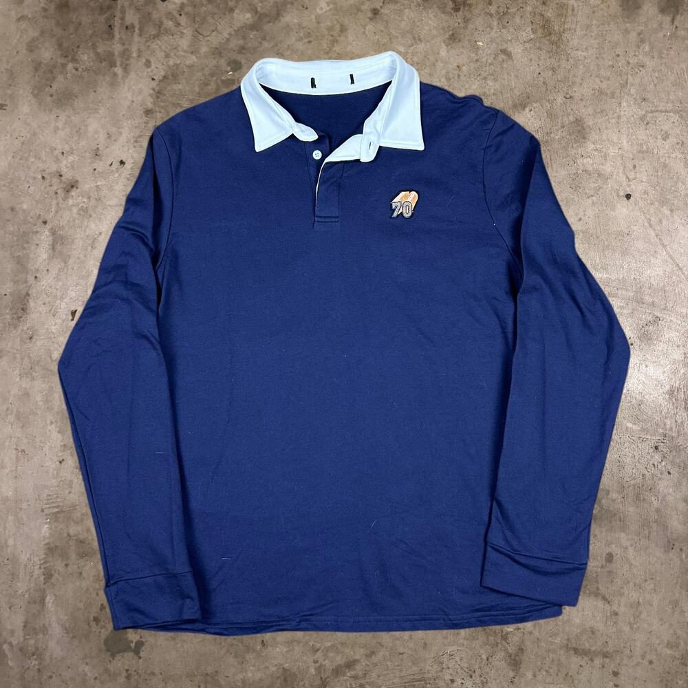 Blue Long Sleeve Rugby Shirt Embroidered Chest Contrast Collar White Mens Size M